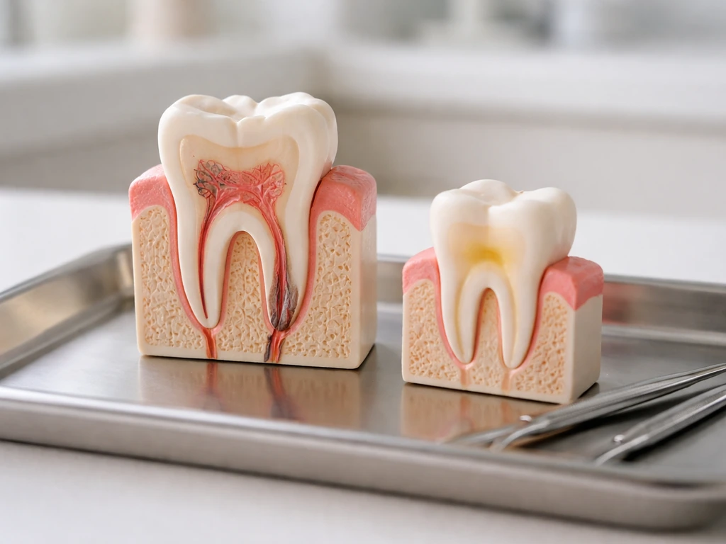 Dental models showing an adult tooth root staying stable versus a youth case with limited regrowth potential.