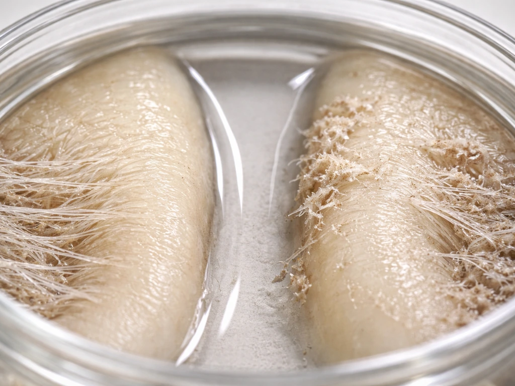 Macro view comparing organized ligament fibers on a tooth root versus disrupted, smooth surface lacking fibers.