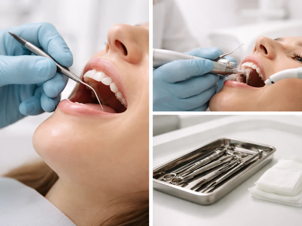 Dentist in a clean clinic examining a tooth, with instruments suggesting monitoring, retreatment, and surgery endpoints.