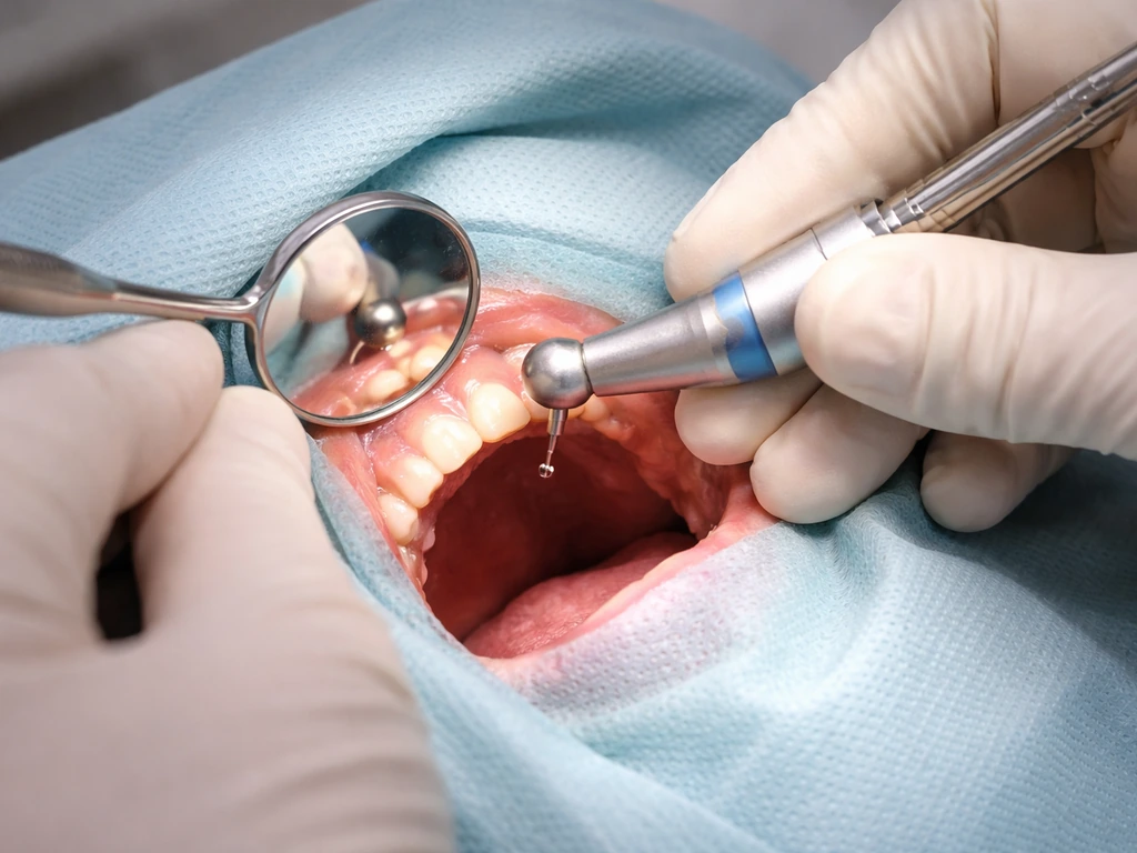 Dental clinician performing apicoectomy with a surgical handpiece over an open mouth