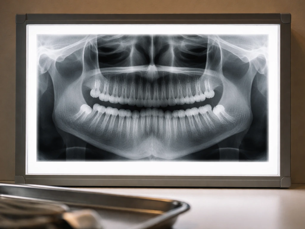 Dental x-ray showing impacted lower wisdom teeth positioned for late eruption in adulthood.
