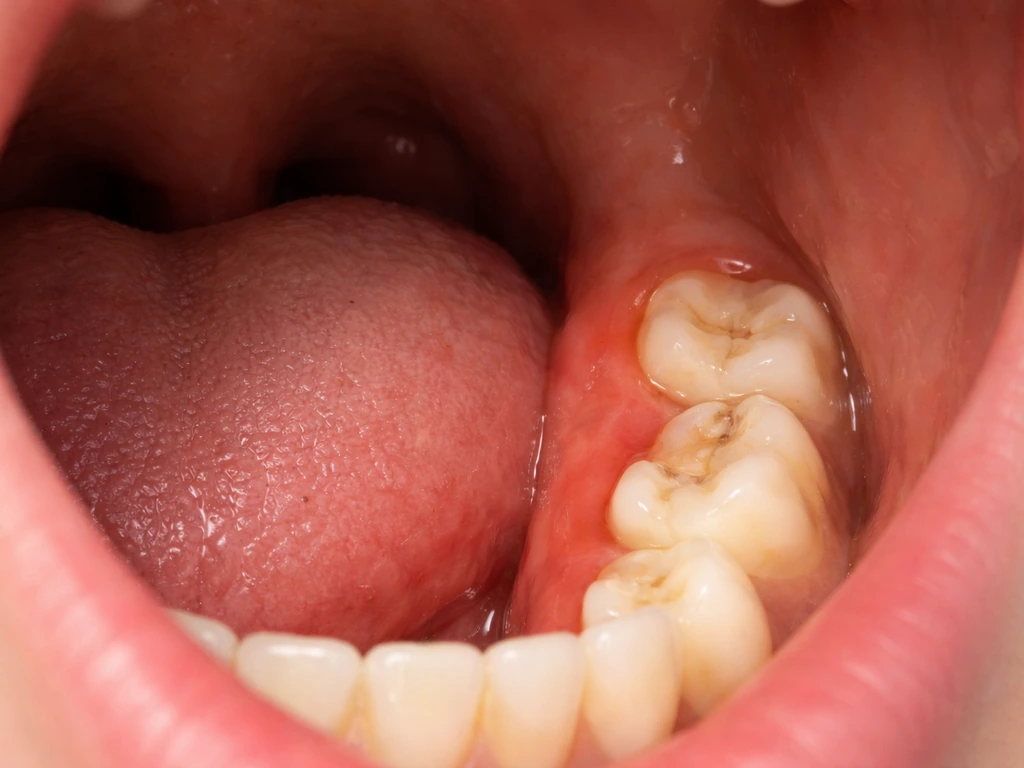 Close-up of swollen gum at the back of the lower jaw with a partially erupted wisdom tooth visible.