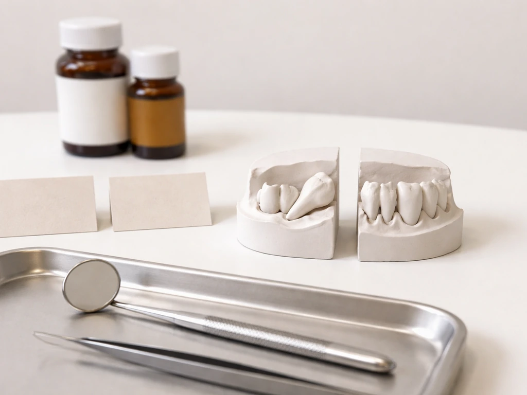 Minimal dental clinic scene with a molar model implying watch vs remove, tools on a tray, no text.