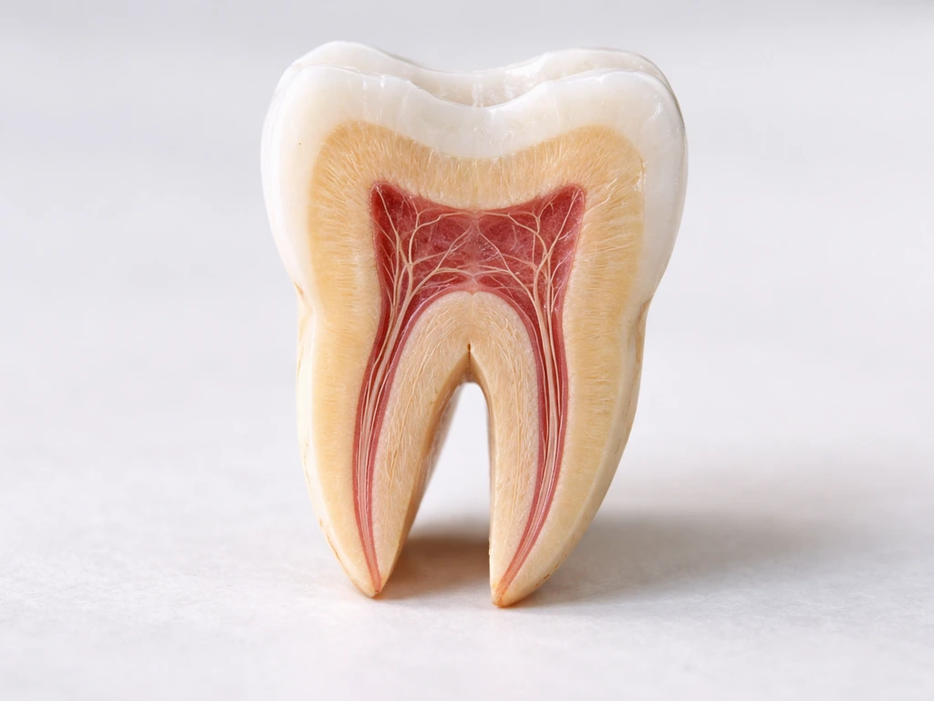 Close-up realistic cross-section of a tooth showing pulp chamber, root canals, and fine nerve fibers inside.
