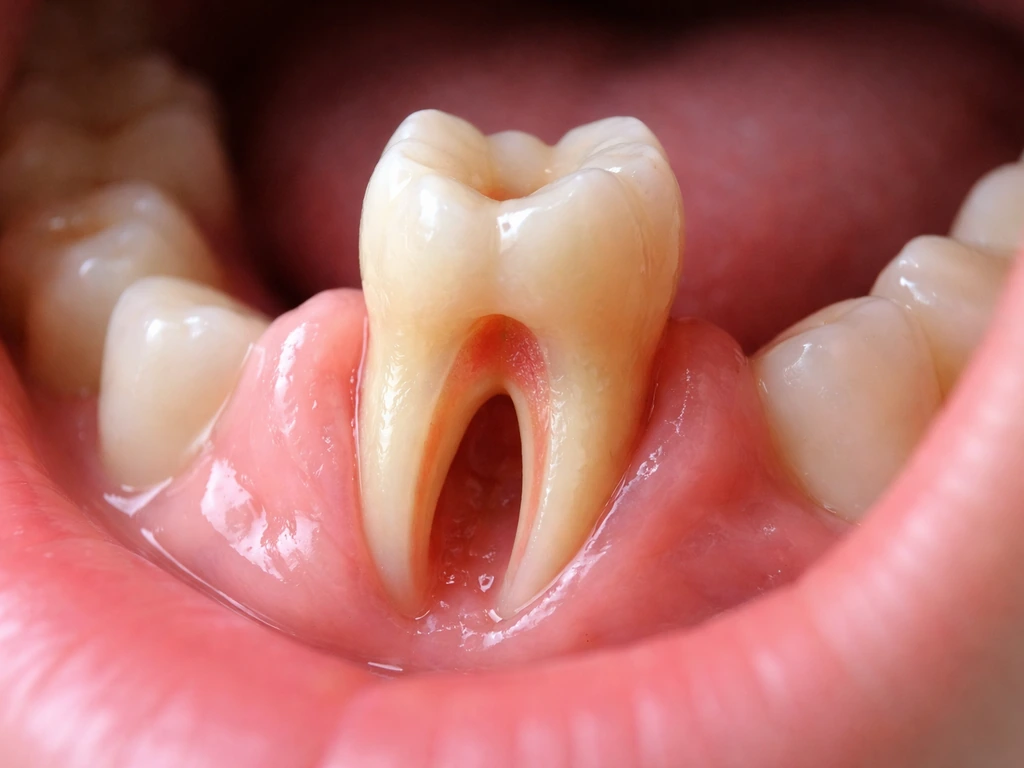 Macro view of a developing tooth with a wide-open root tip in a clean dental setting.