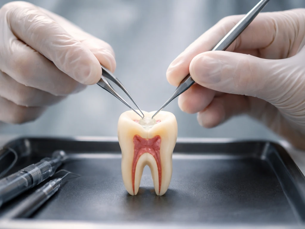 Dentist in a dental operatory places a small sterile medicament barrier into a tooth model