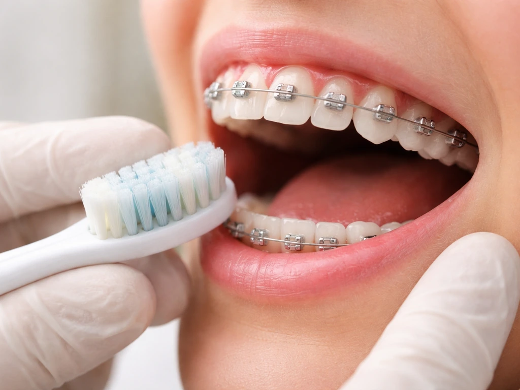 Close-up of braces with swollen, irritated gums around the orthodontic brackets.