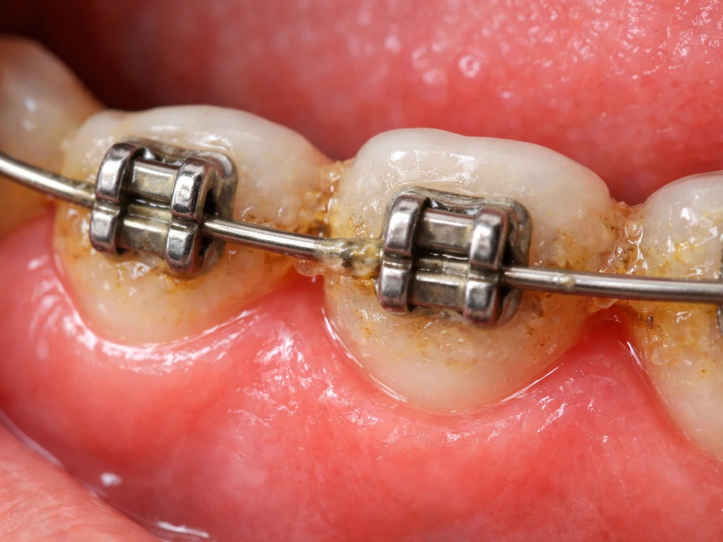 Close-up of dental braces brackets and wires with plaque buildup near the gumline
