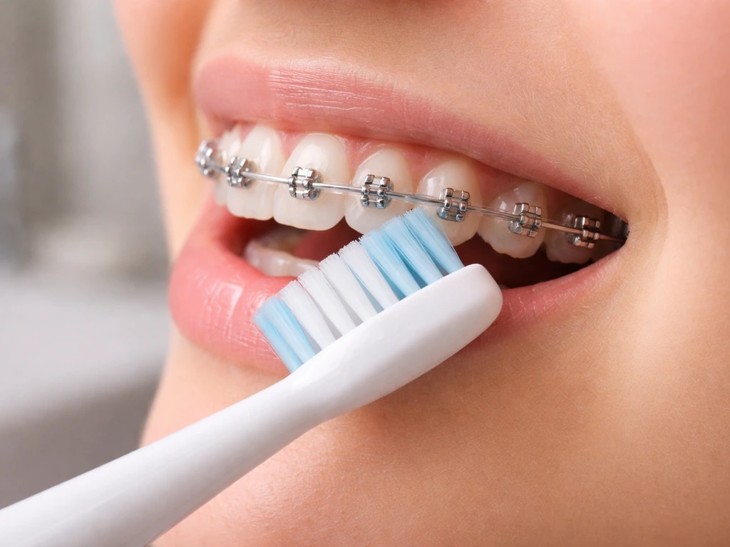Close-up of braces being cleaned with a soft toothbrush angled 45° along the gumline.