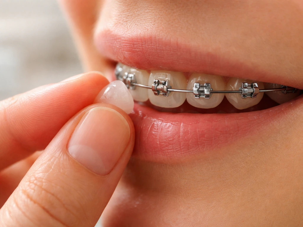Close-up of orthodontic relief wax being rolled and pressed to cover a poking wire end