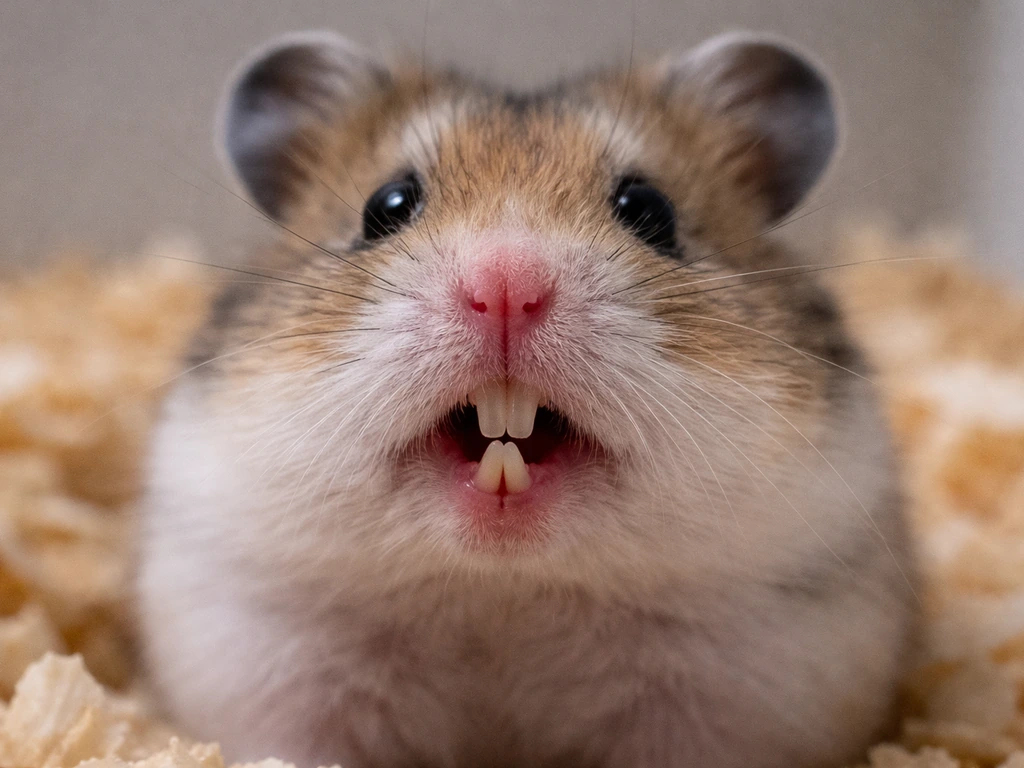 Close-up of a pet hamster’s uneven, misaligned front teeth in a simple, softly lit habitat.