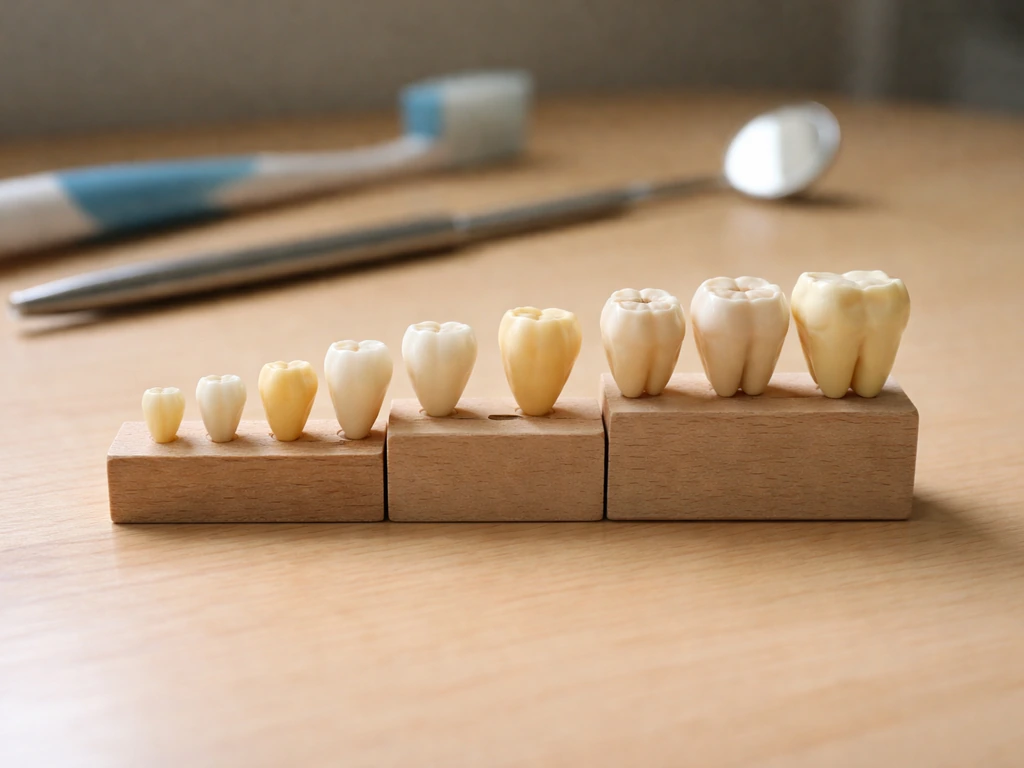 Minimal dental scene showing a child-to-teen tooth timeline concept with teeth models and milestones