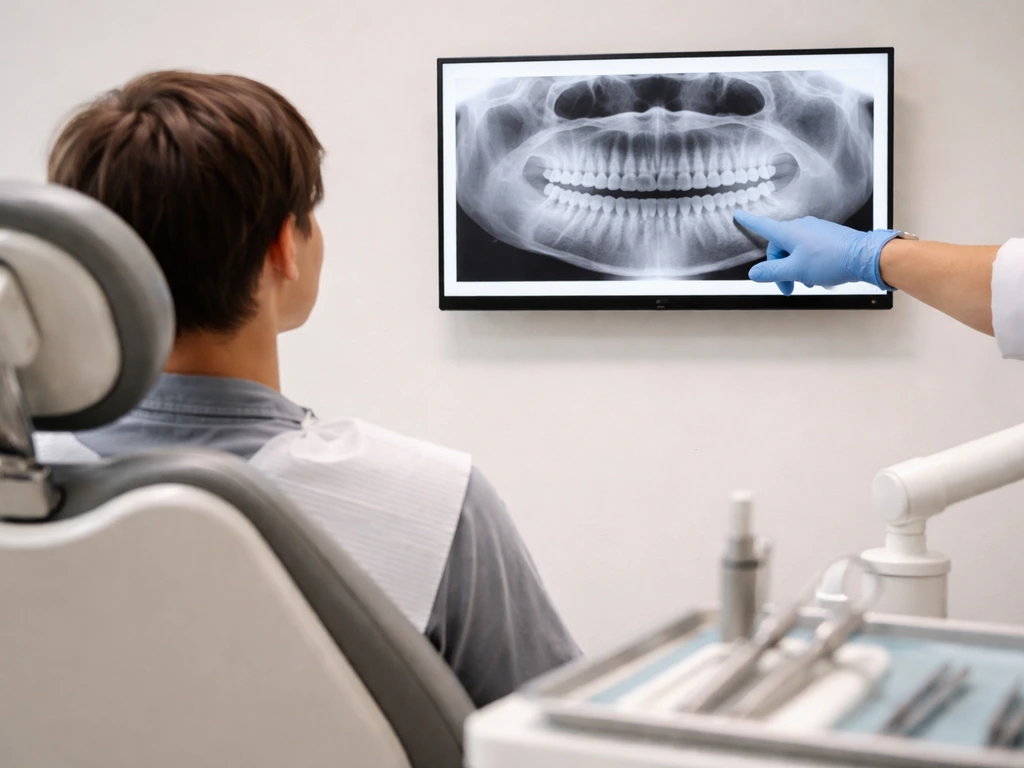 Young adult in a dental clinic during an exam while a dentist reviews a dental image on a monitor.