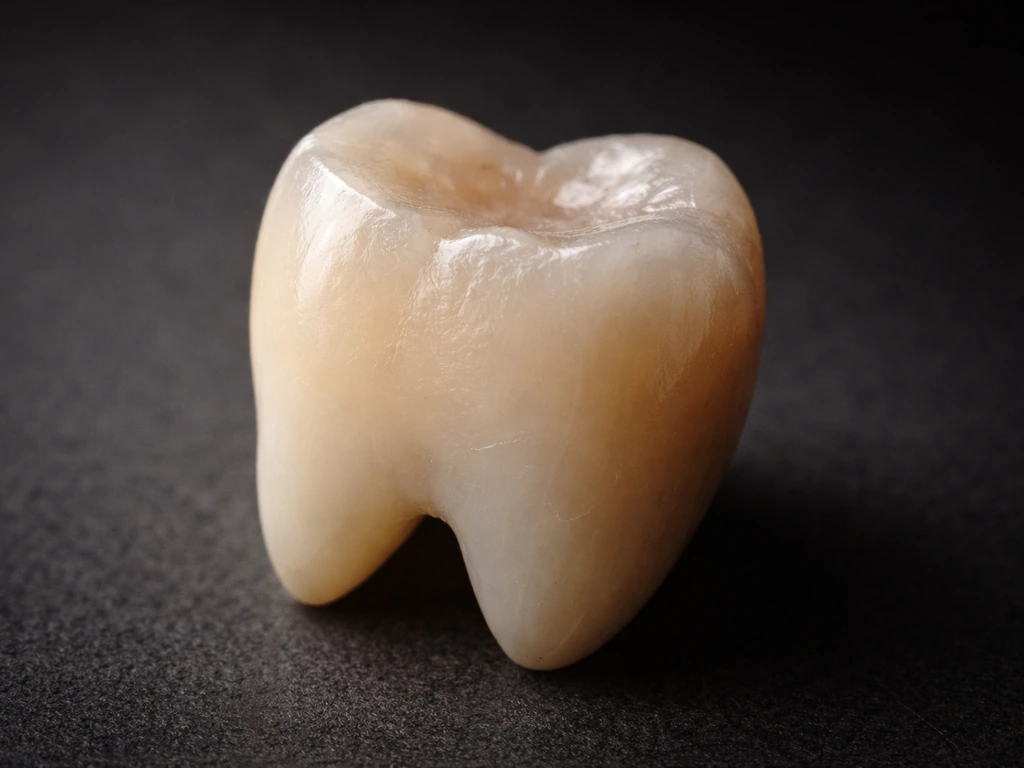 Close-up of a ground tooth surface with worn enamel and a slightly flattened edge, suggesting sensitivity.