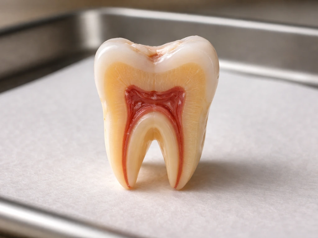 Macro view of a single tooth cross-section showing enamel, dentin, and pulp layers.