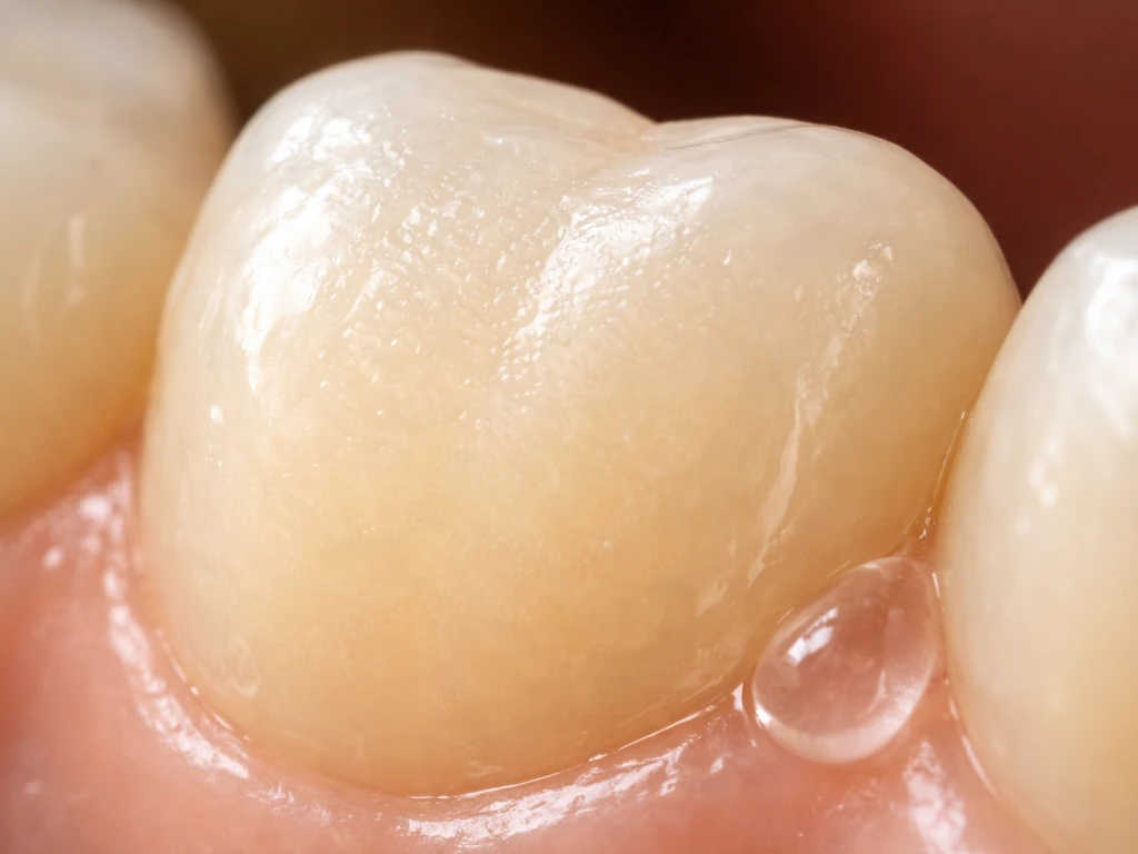 Macro close-up of a tooth enamel surface with a subtle glossy sheen suggesting remineralization.