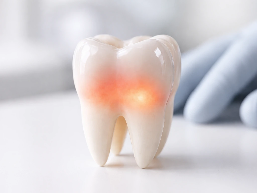 Close-up of a single tooth in a calm, minimal dental setting with soft light implying deep sensitivity.