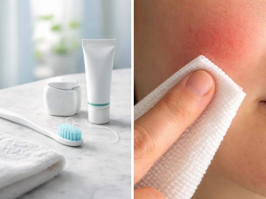 Bathroom countertop with soft toothbrush, fluoride toothpaste, floss beside a cue of dental pain red irritation.