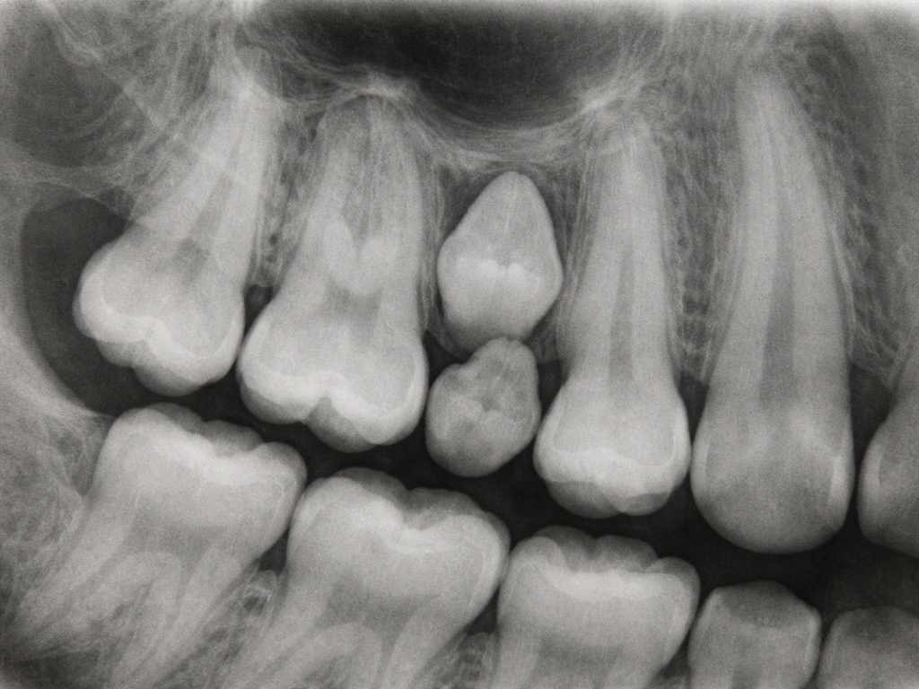 Dental radiograph showing supernumerary tooth anatomy in the jaw, highlighting extra teeth near molars