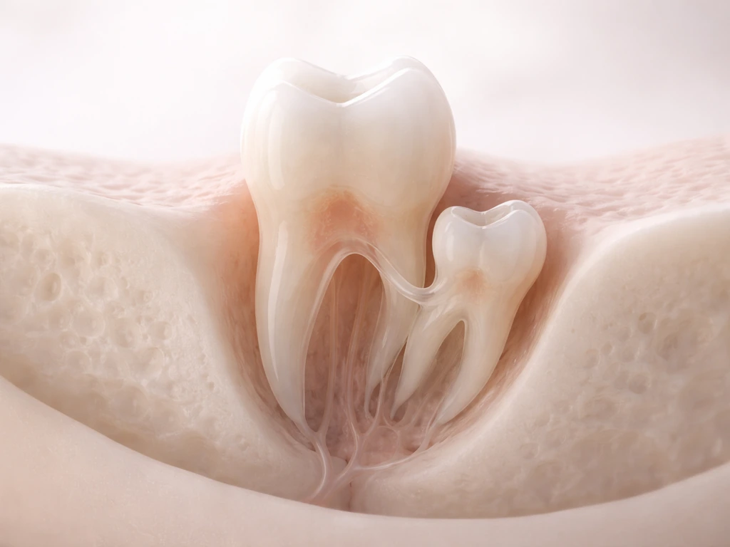 Minimal 3D dental model showing a developing tooth bud branching into an extra (supernumerary) tooth.