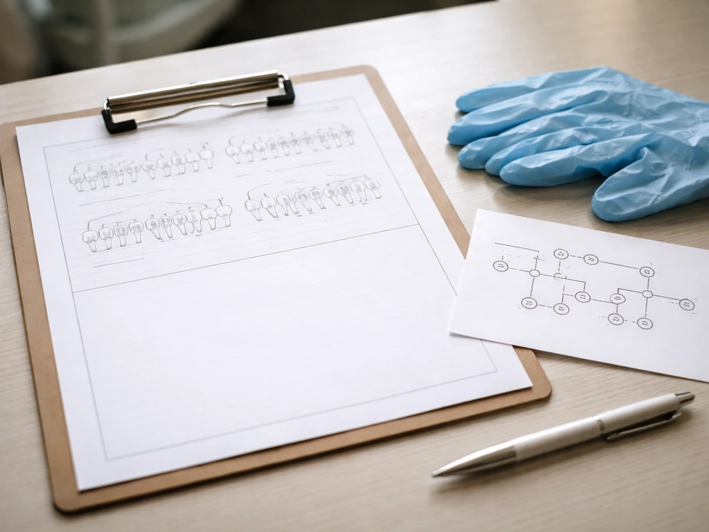 Minimal dentist-style close-up with a clean dental chart and a simple paper family-history diagram