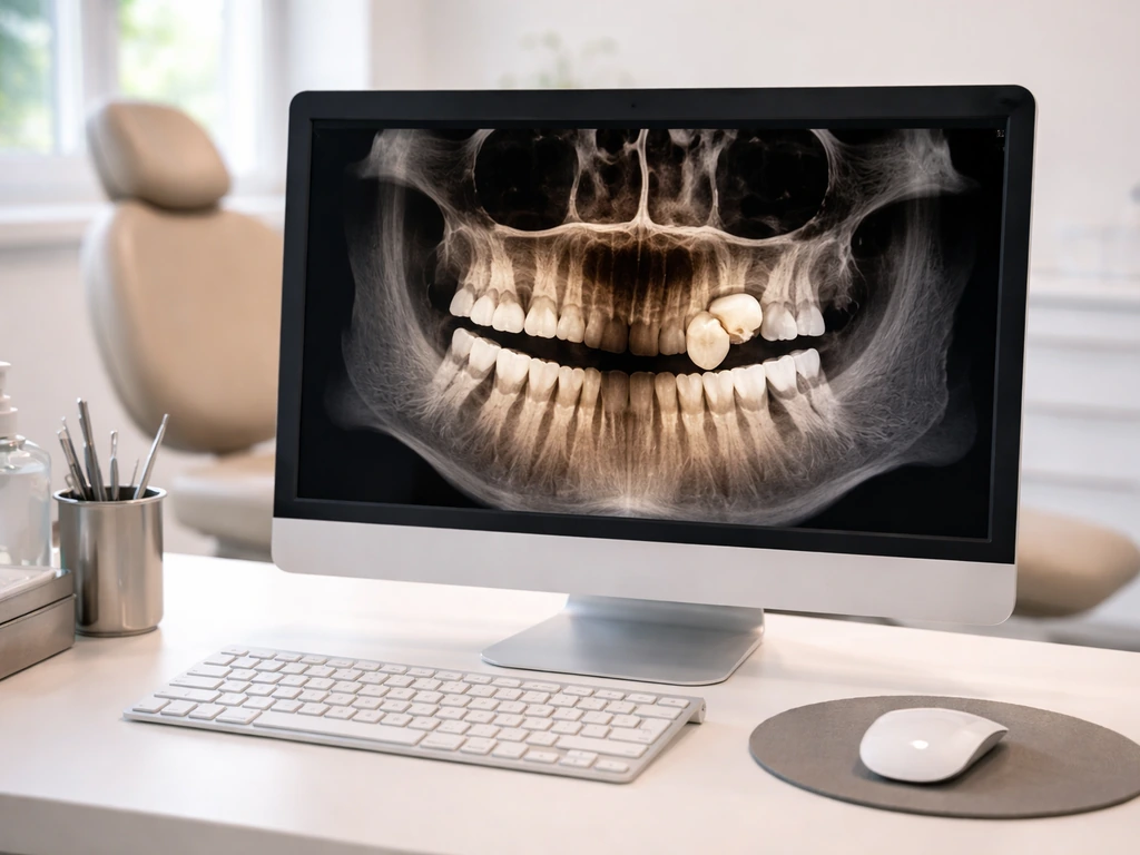Clinician dental CBCT imaging setup with a 3D cross-section showing an impacted extra tooth