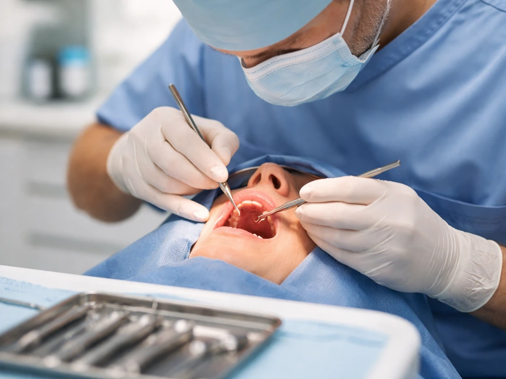 Dentist prepares for oral surgery in a sterile clinic, instruments and open mouth visible.