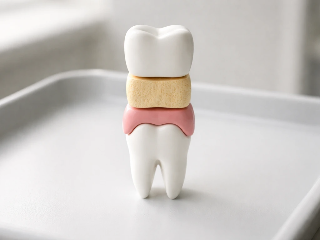 Minimal photo showing a dental anatomy model with four distinct tooth layers representing enamel, dentin, gum, and whole
