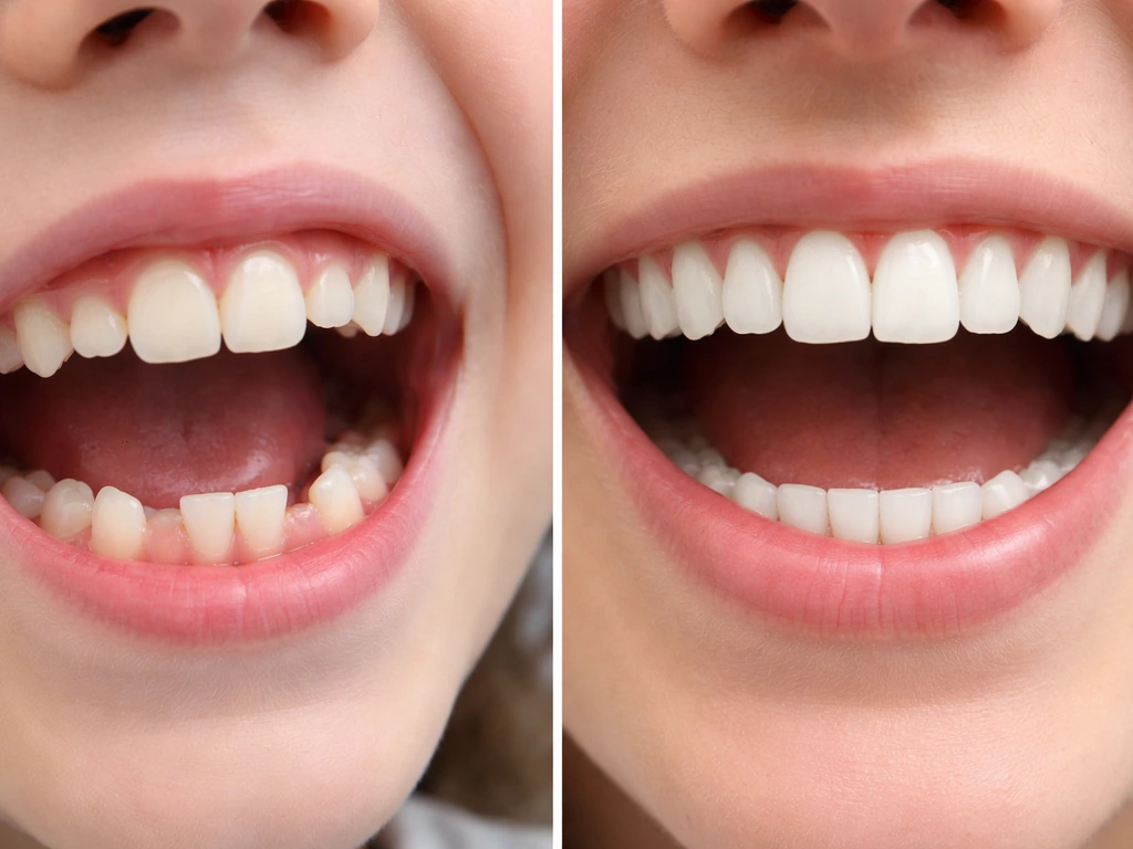 Split-view dental photo: developing teen teeth partially erupted vs adult fully erupted teeth.