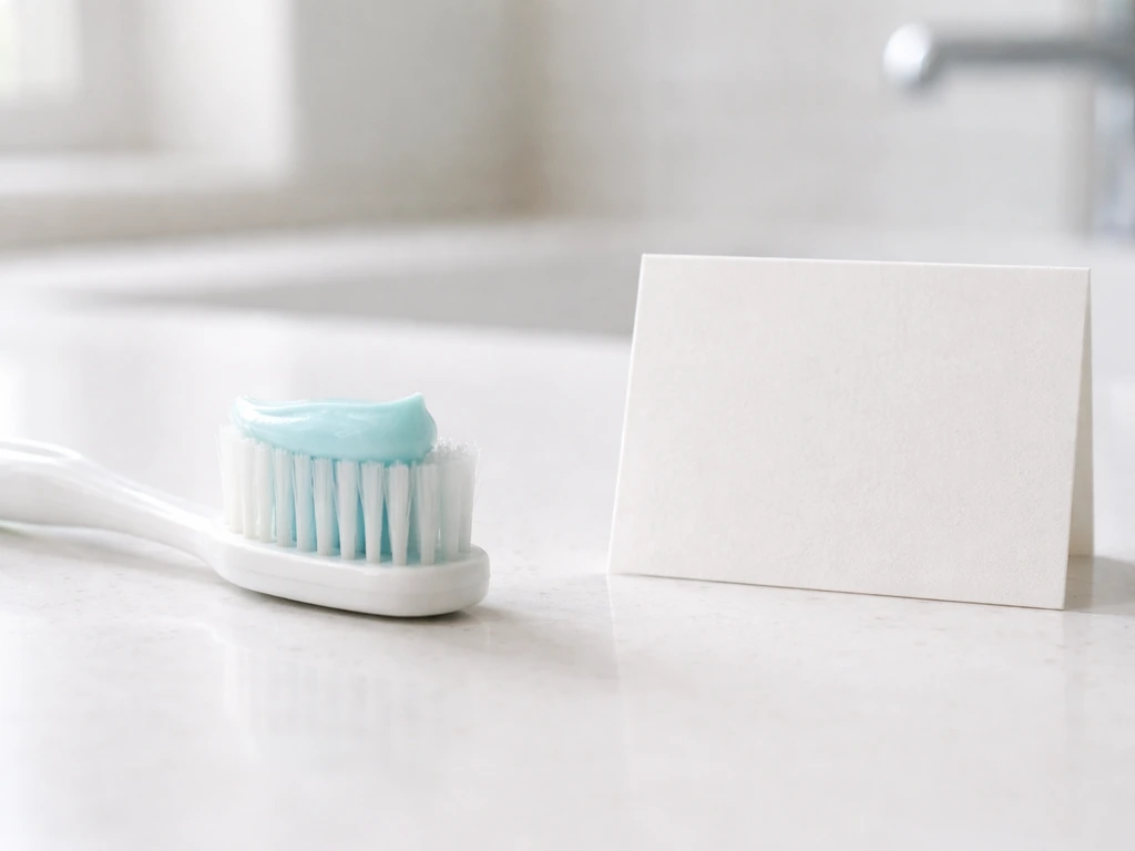 Close-up of fluoride toothpaste on a toothbrush beside a simple card showing a recommended ppm range.