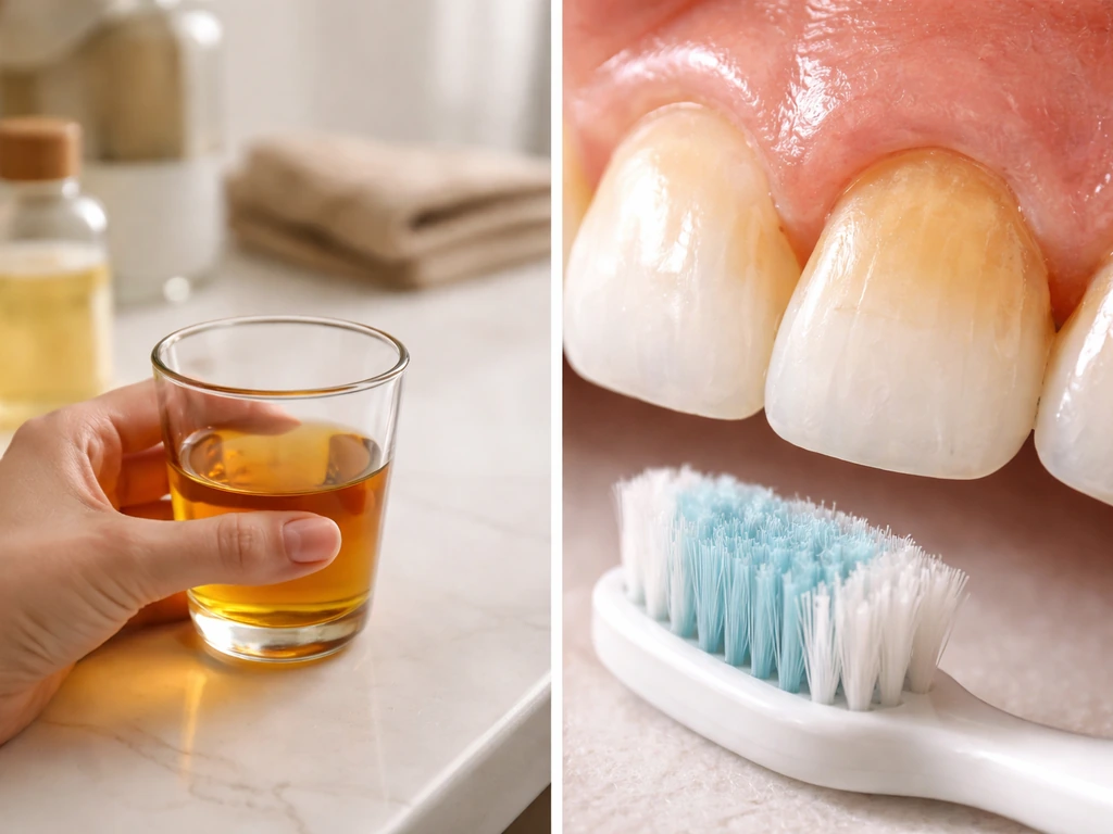Amber oil in a cup for oil pulling beside a toothbrush and tooth close-up, warning contrast.