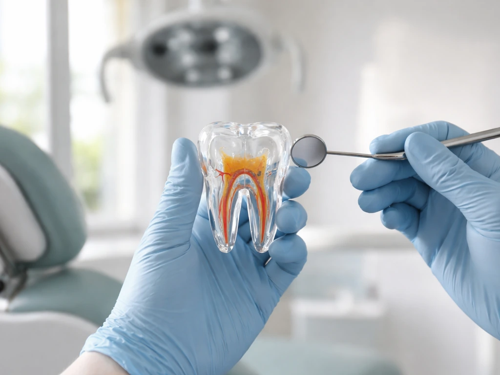 Dentist in a clean clinic holding a detailed tooth model while examining a patient.