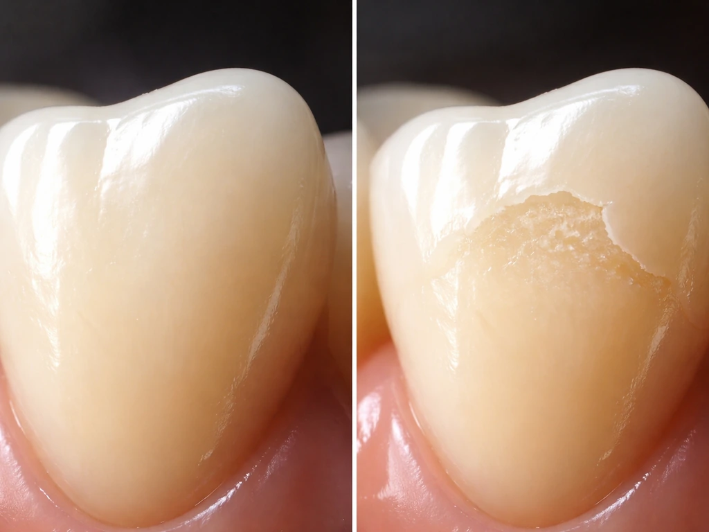 Split view showing an intact tooth enamel surface beside a tooth with missing enamel area