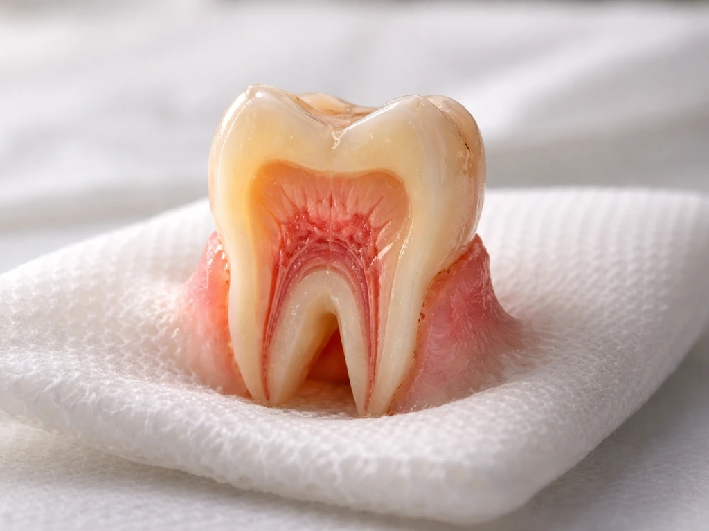 Close-up of a cross-section tooth showing pulp chamber and adjacent gum tissue with subtle regrowth texture.