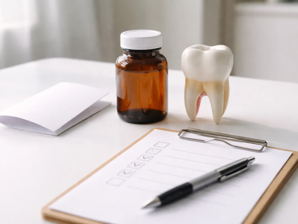Unlabeled supplement bottle and marketing leaflet beside a tooth model on a clinician’s checklist pad
