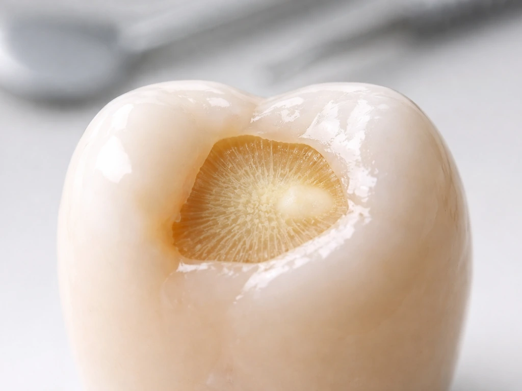 Close-up of a tooth cross-section-like view showing tubules and limited reparative dentin under enamel