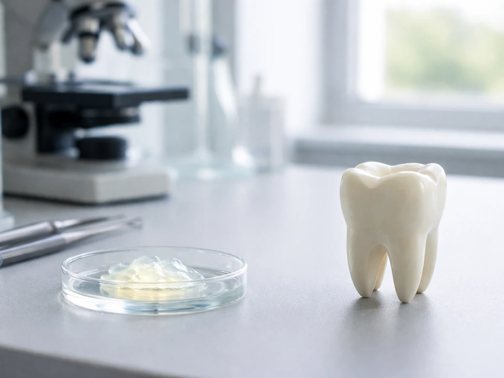 Lab microscope view showing stem-cell biomaterial scaffolding beside a simple tooth model, contrasting fantasy vs realit