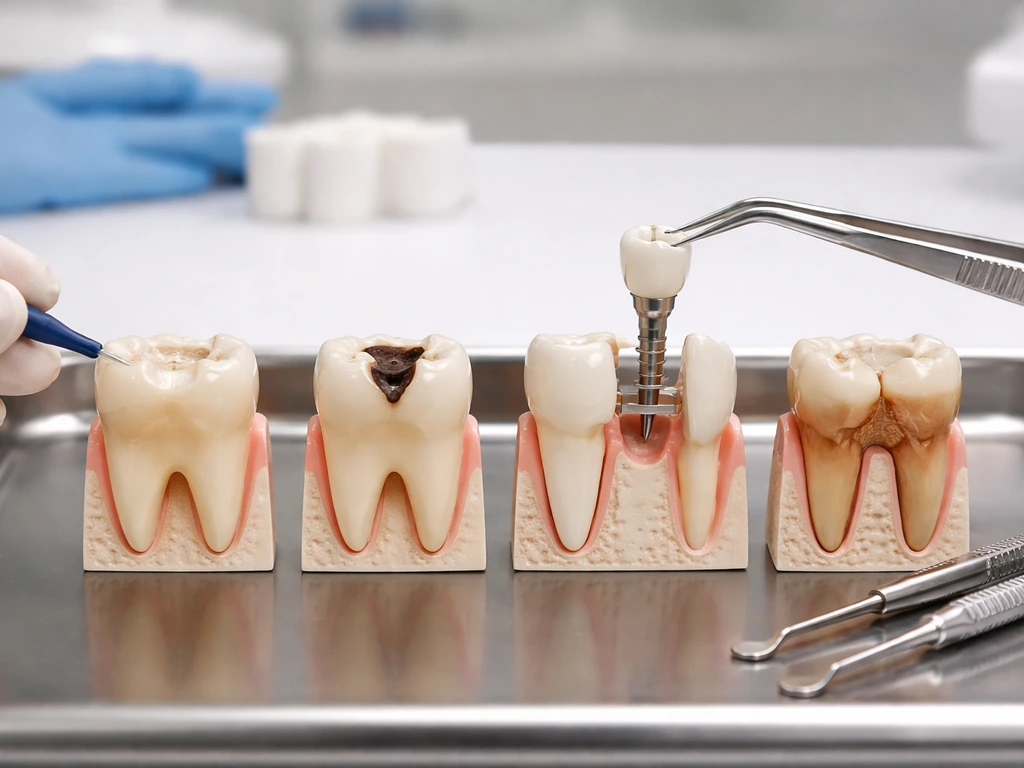 Dentist treatment options shown with staged dental tools and tooth models for enamel wear, cavities, and missing teeth.