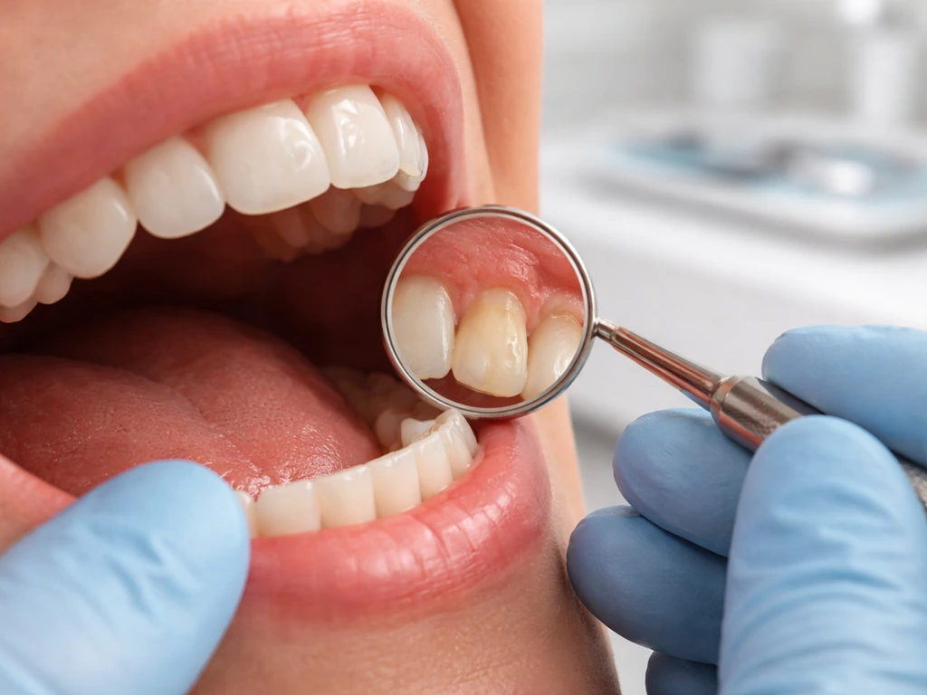 Clinician holds a dental mirror showing receding gums with exposed tooth root, clean minimal clinic setting.