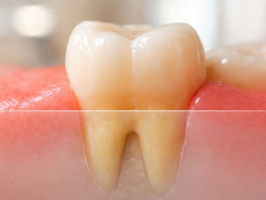 Close-up view of a tooth with exposed root and receding gumline with a subtle overlay contrast.