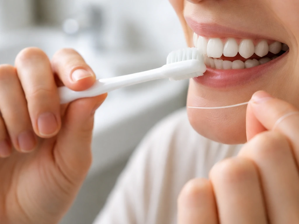 Close-up of hands gently brushing teeth and flossing with a soft toothbrush in a bright bathroom