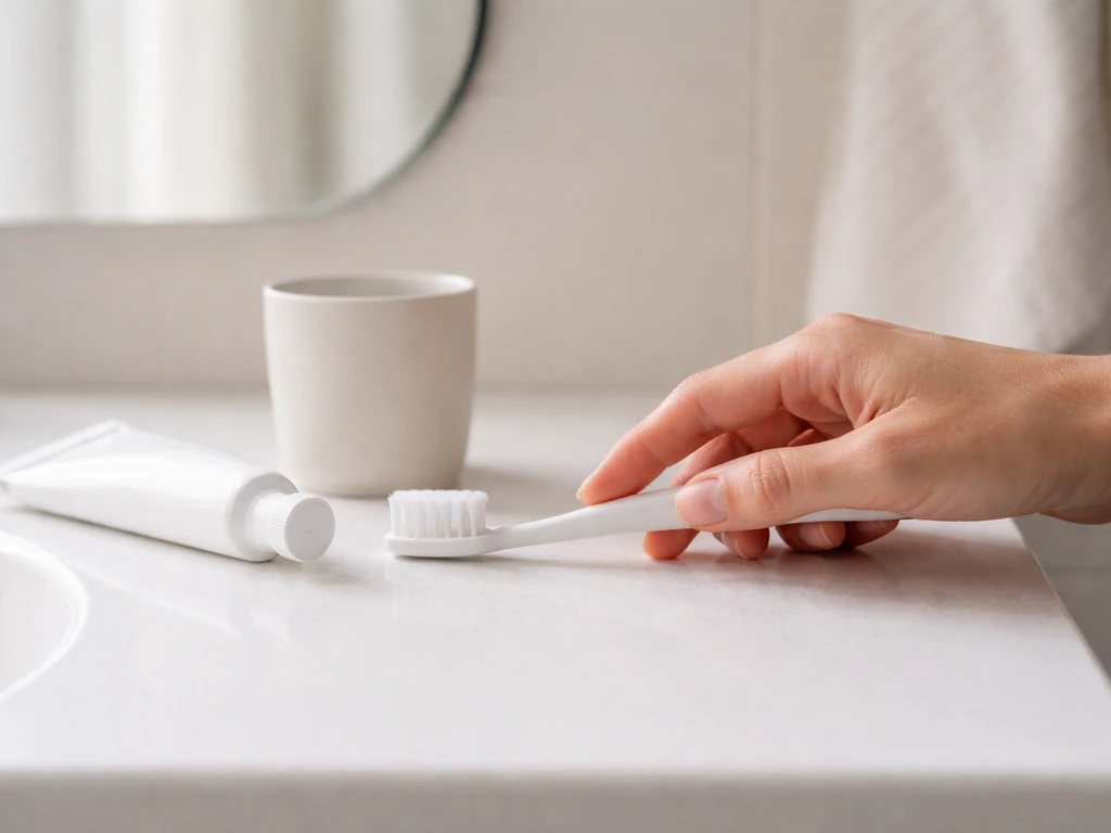 Soft-bristle toothbrush and small oral-care kit on a bathroom counter with a calm at-home setup