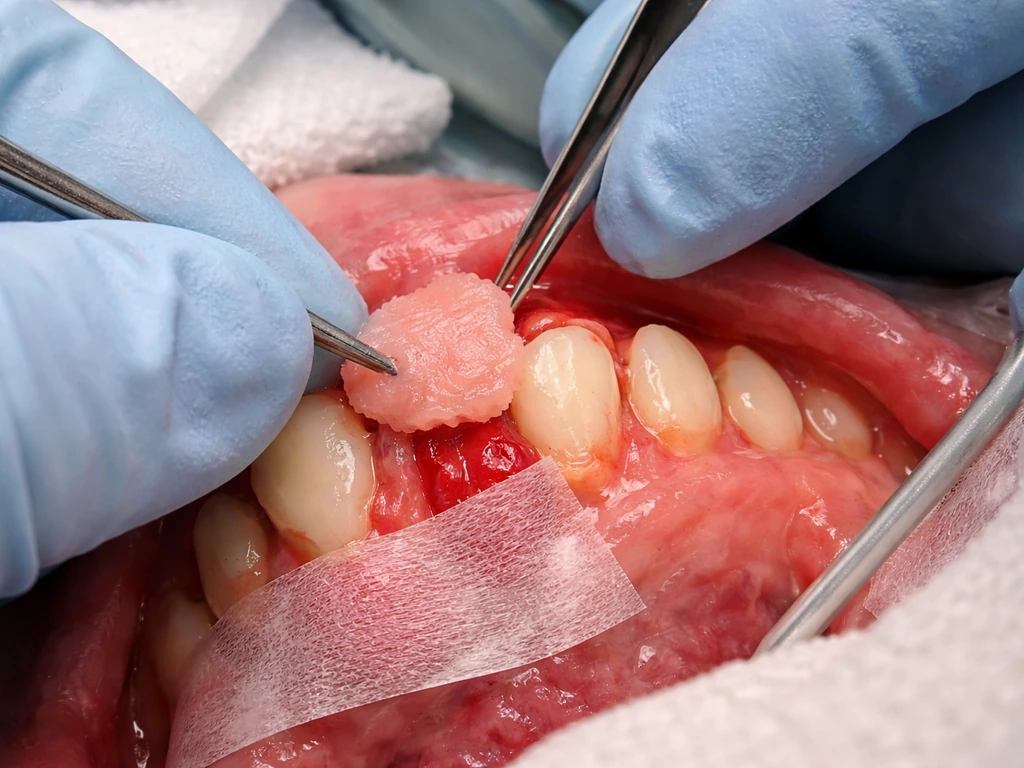 Close-up of periodontal graft placement in a sterile surgical field on exposed tooth root area.