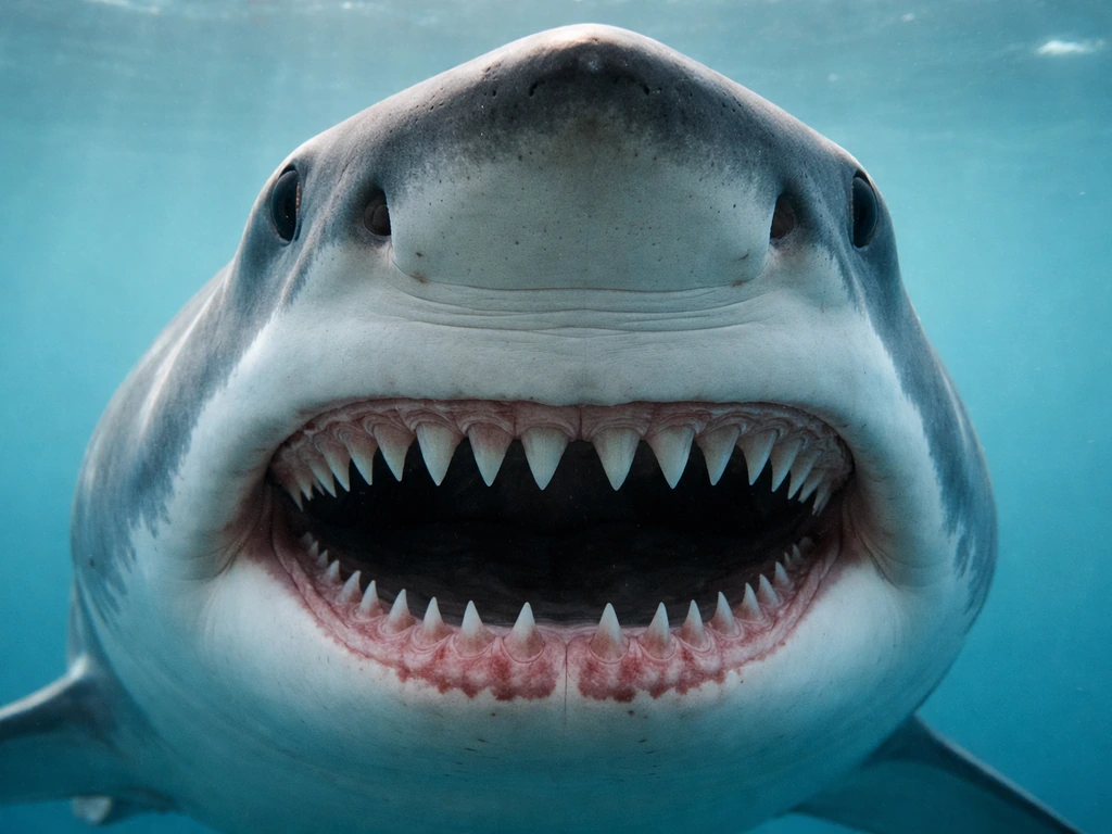 Underwater close-up of a shark mouth showing multiple rows of teeth and replacement teeth behind.