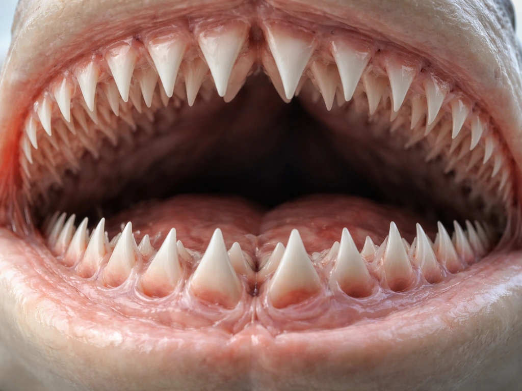 Close-up of a shark jaw showing teeth embedded in gum and held by fine collagen fibers with replacement rows.