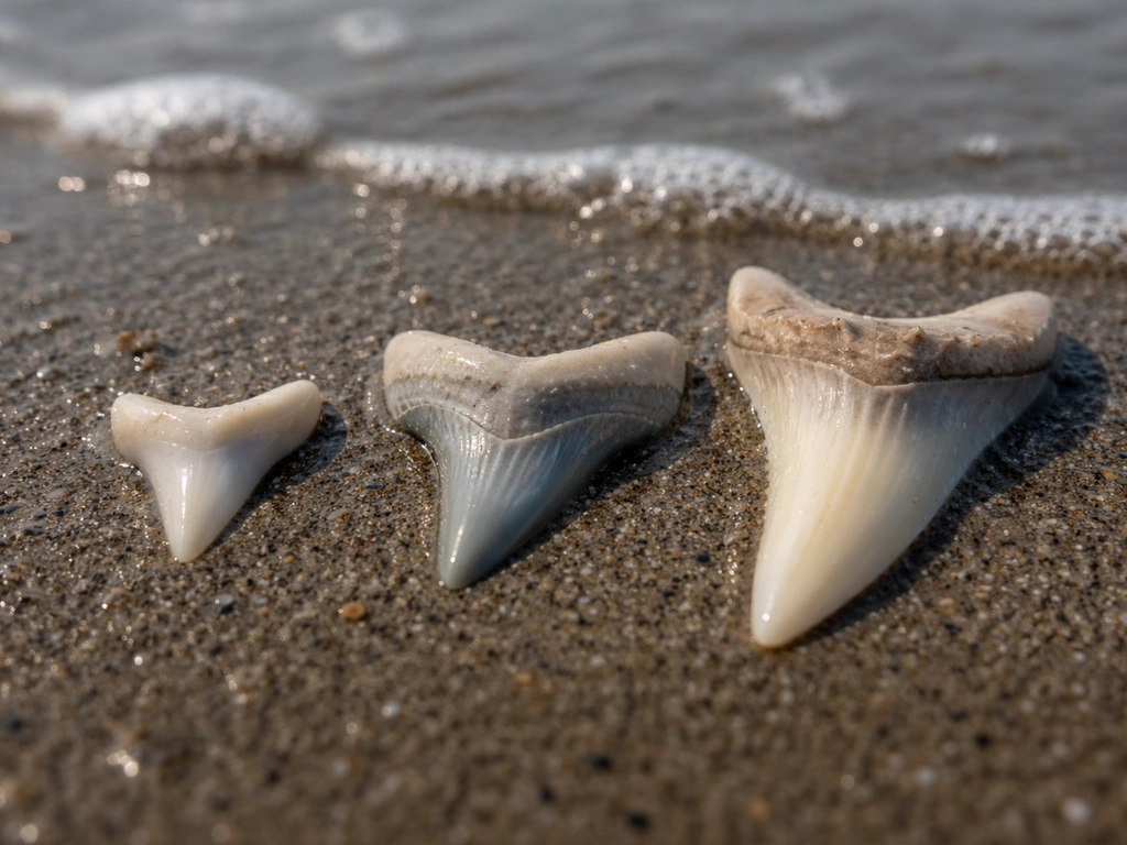 Close-up of rows of shark teeth on wet dark sand, showing a few different shapes to suggest replacement speed.