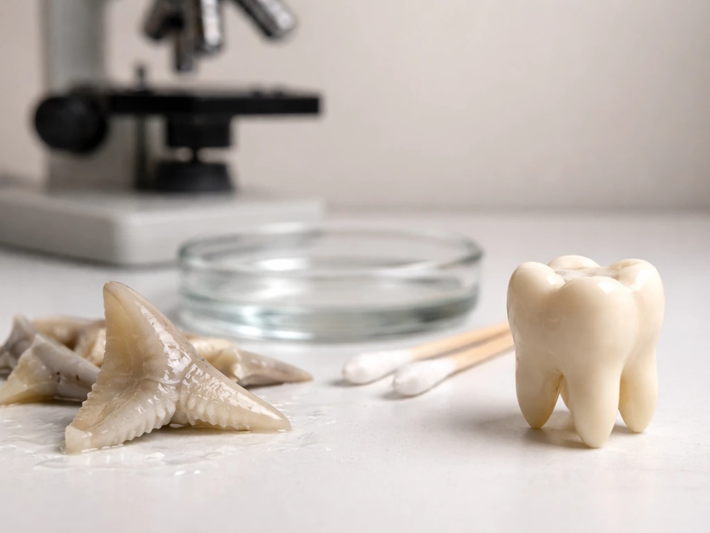 Close-up of a shark tooth beside a simplified human molar model on a lab bench with soft lighting