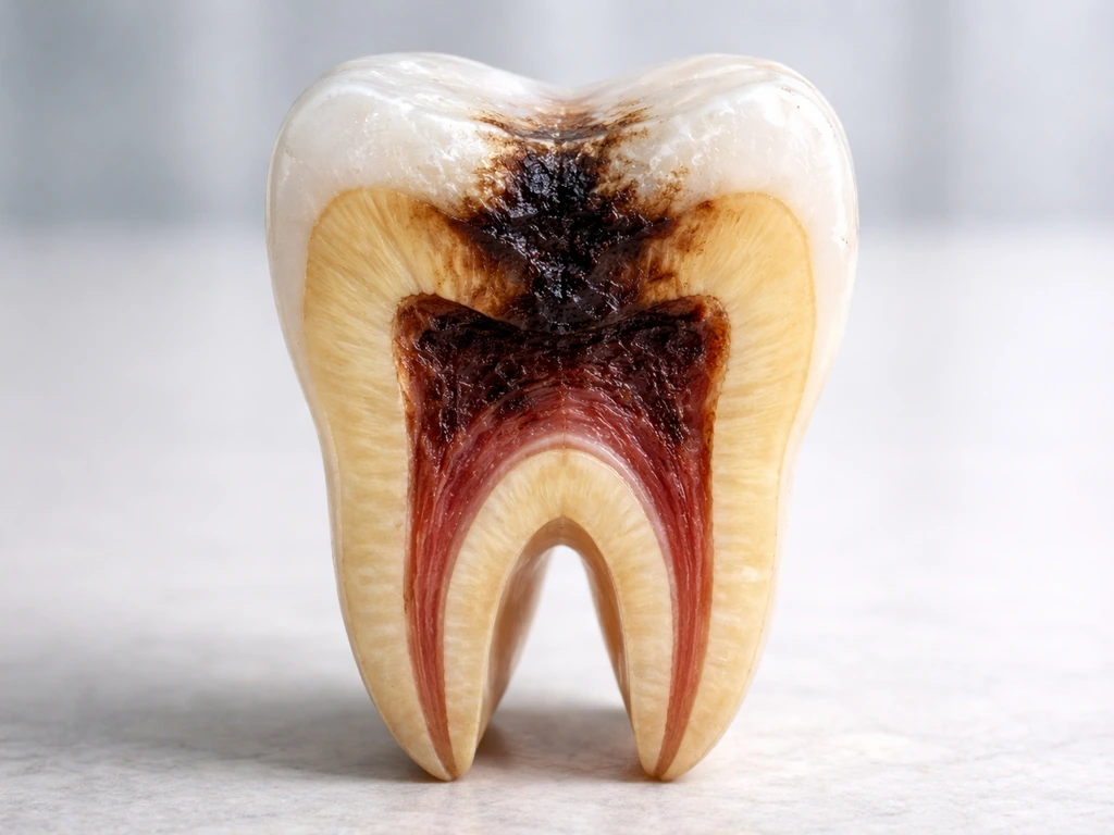 Minimal cross-section showing tooth enamel decay spreading toward dentin and the nerve area.