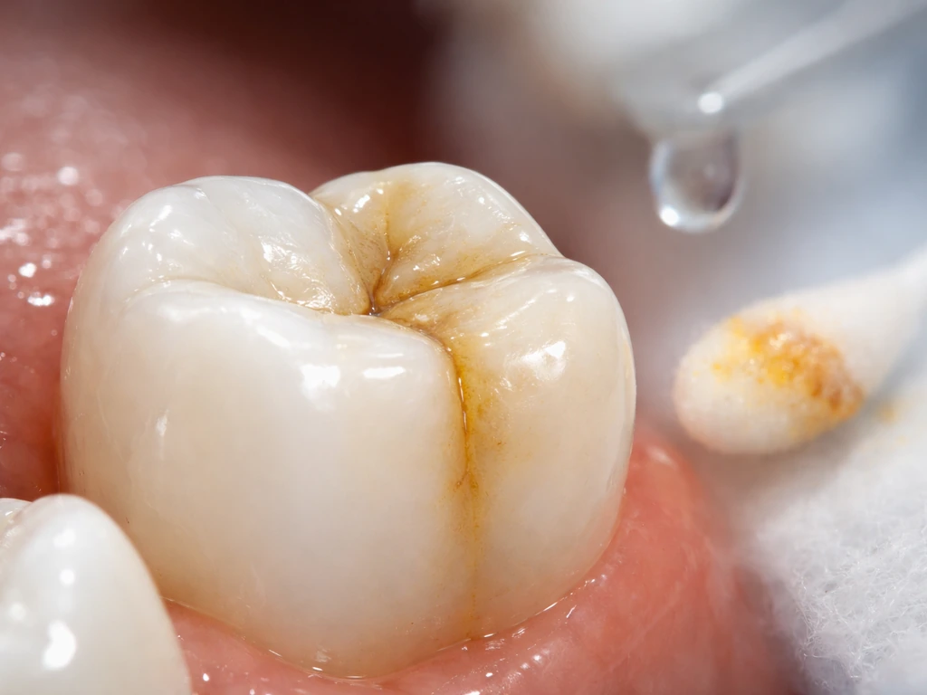 Close-up of a molar showing contrasting plaque and residue that suggest factors affecting cavity growth speed.
