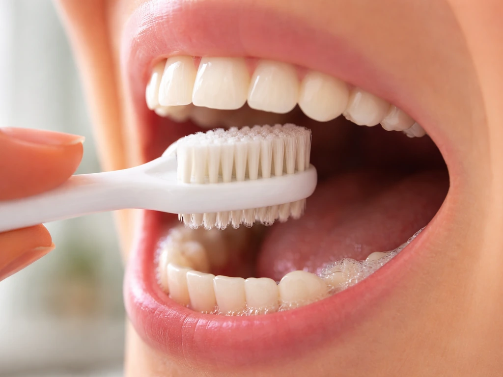 Toothbrush against clean teeth with a soft misty, moist mouth setting suggesting saliva protection.